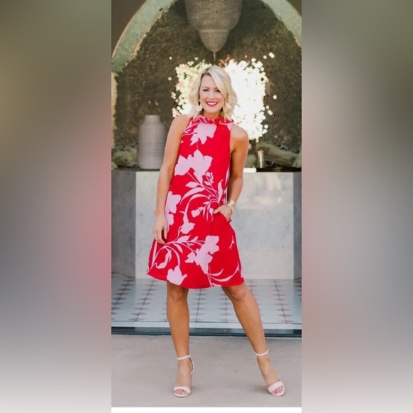 Gibson x Hi Sugarplum! Cavallo Dress Red Pink Ruffle Tie Neck Mini Dress - Picture 1 of 5